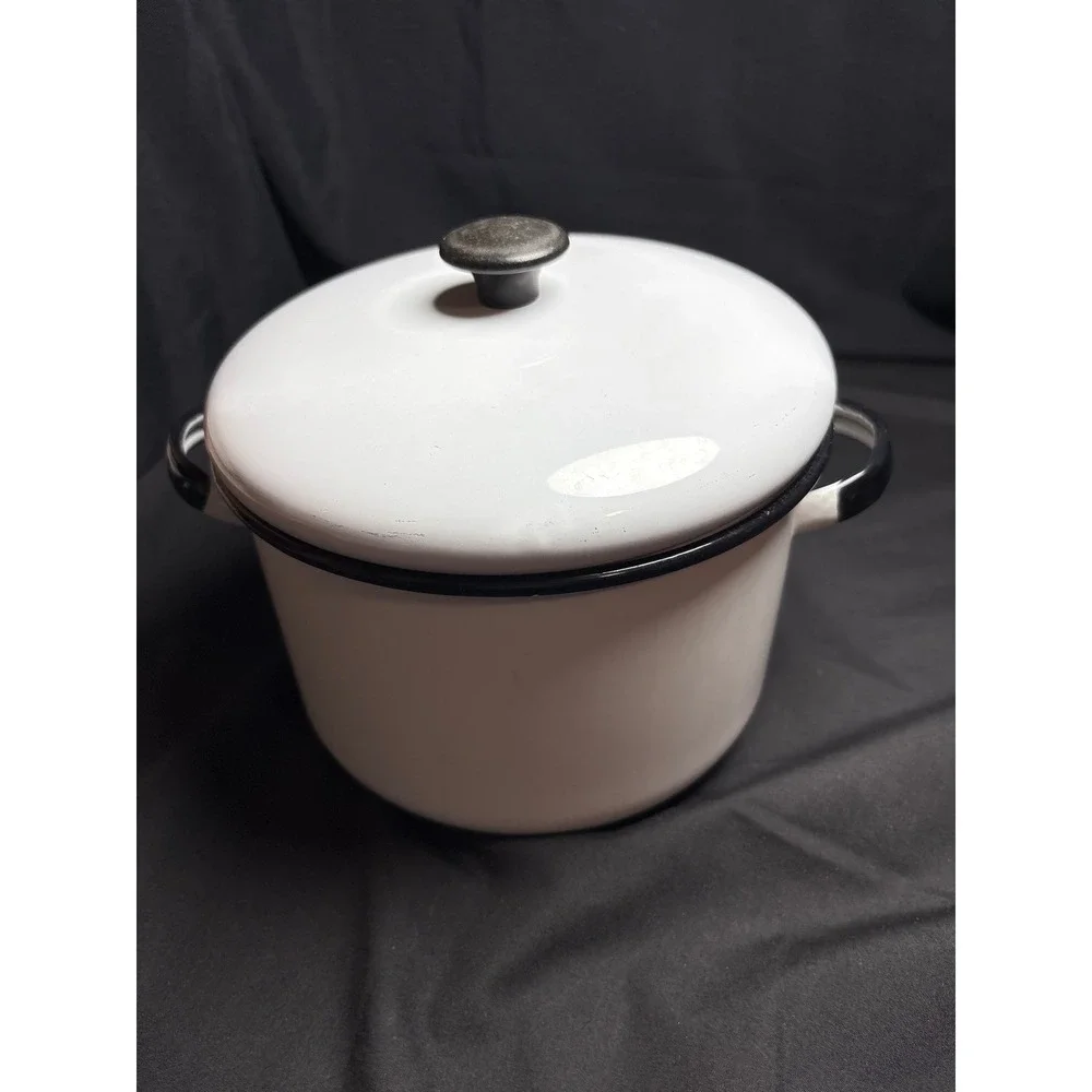 Vintage White Enamelware Stock Pot with Lid Black Trim Farmhouse Cookware